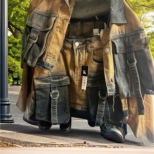 Women’s Black and Brown Cargo Skirt with Cropped Denim Jacket Set Size L